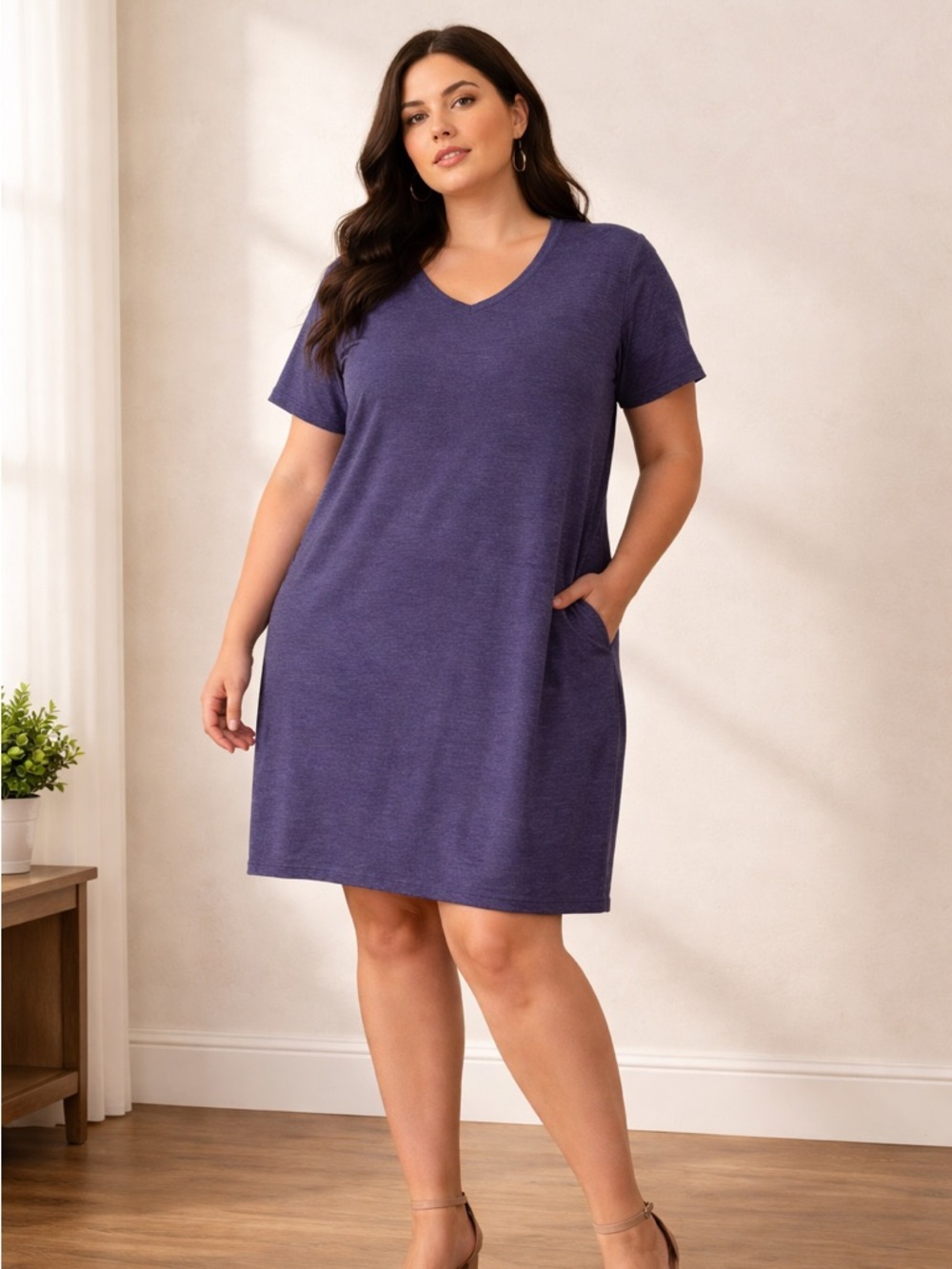 Women's purple V-Neck Short Sleeve T-shirt dress